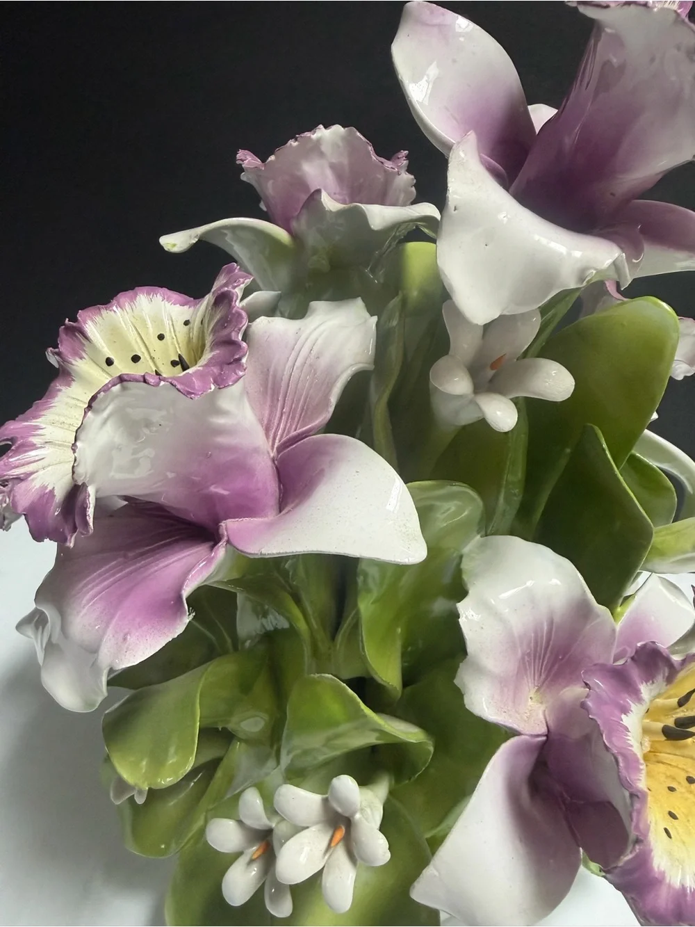 Vintage Capodimonte Italy Porcelain Pink Orchid Floral Arrangement 13”